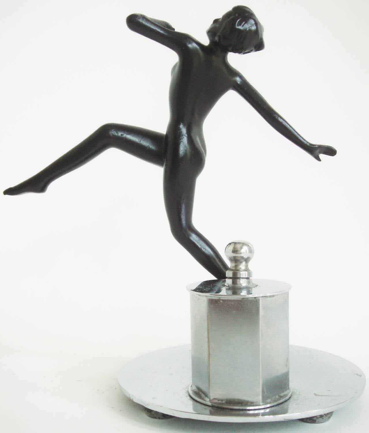 Painted Art Deco Chrome and Black Enamel Figural Table Striker Lighter by Lorenzl