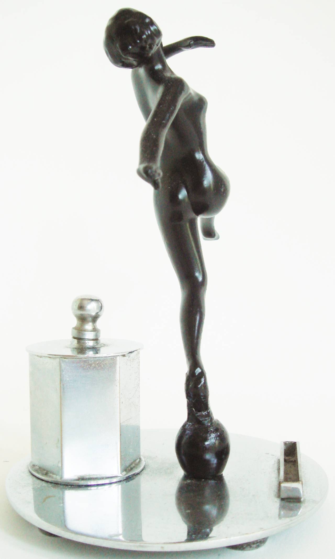 Art Deco Chrome and Black Enamel Figural Table Striker Lighter by Lorenzl In Good Condition In Port Hope, ON