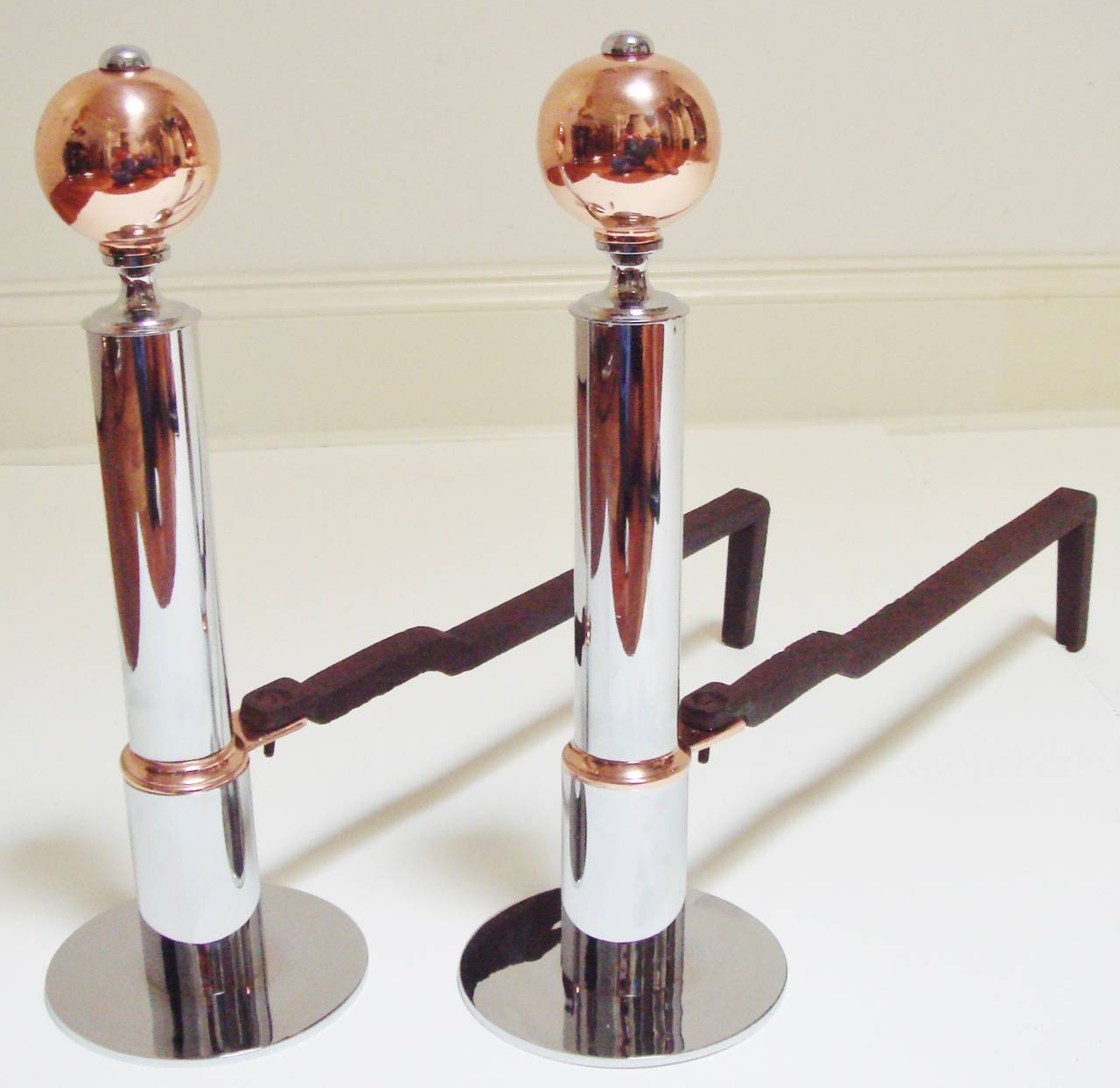 American Art Deco Chrome and Copper Geometric Andirons and Fender Fireplace Set In Excellent Condition In Port Hope, ON