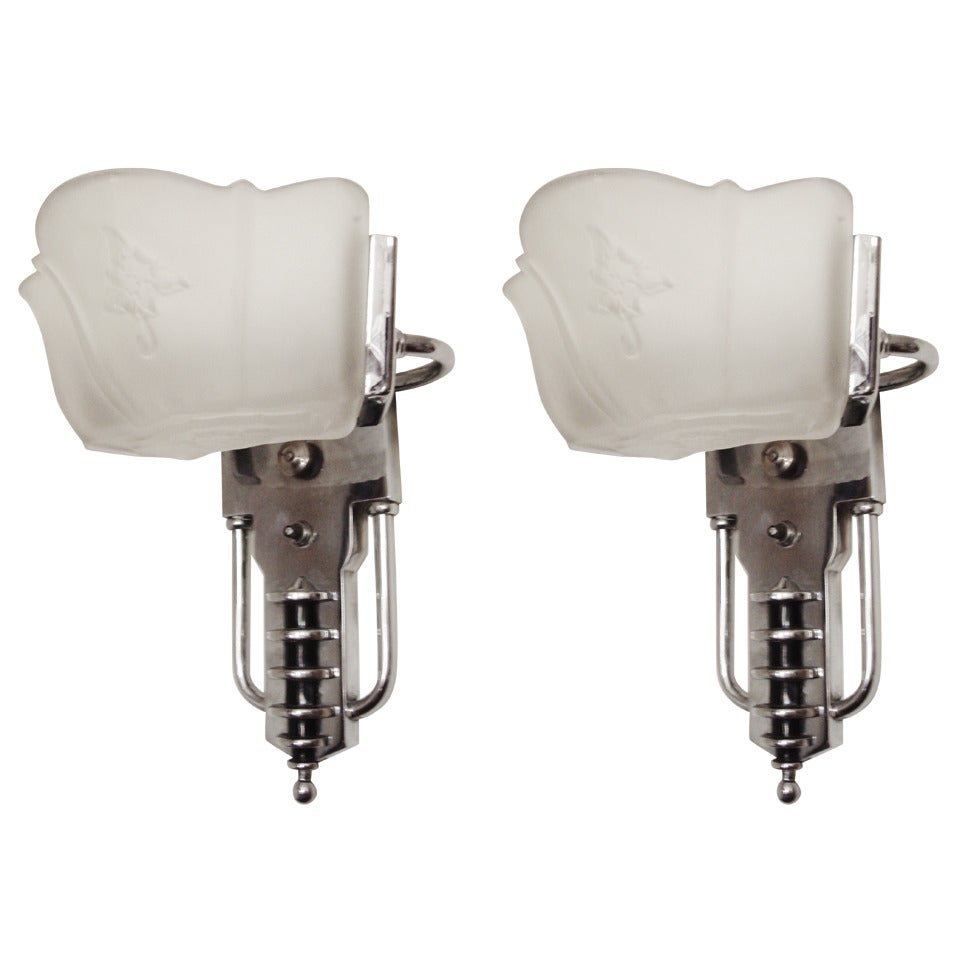 Very Rare Pair of Large American Art Deco or Machine Age Wall Sconces by Markel.