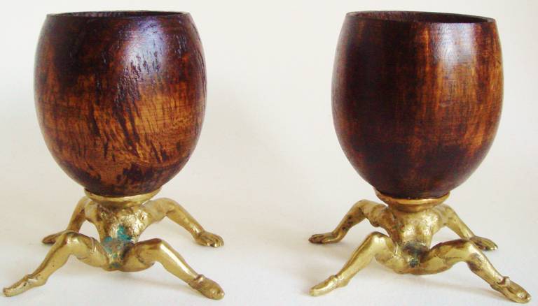 American Rare Pair of Early Surreal, Figurative Coconut and Brass Cups by Arthur Court. For Sale