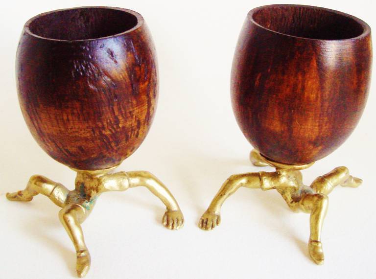 Rare Pair of Early Surreal, Figurative Coconut and Brass Cups by Arthur Court. For Sale 2