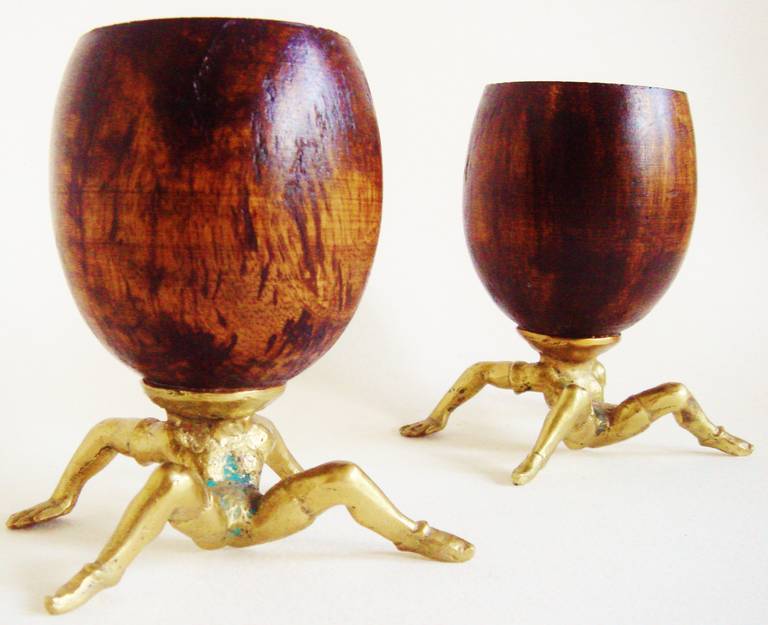 Hollywood Regency Rare Pair of Early Surreal, Figurative Coconut and Brass Cups by Arthur Court. For Sale