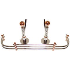 American Art Deco Chrome and Copper Geometric Andirons and Fender Fireplace Set 7