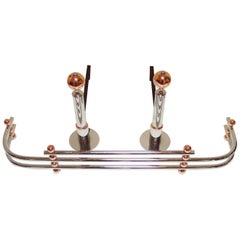 American Art Deco Chrome and Copper Geometric Andirons and Fender Fireplace Set