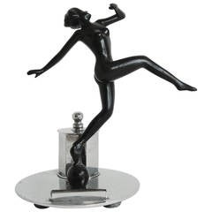 Vintage Art Deco Chrome and Black Enamel Figural Table Striker Lighter by Lorenzl