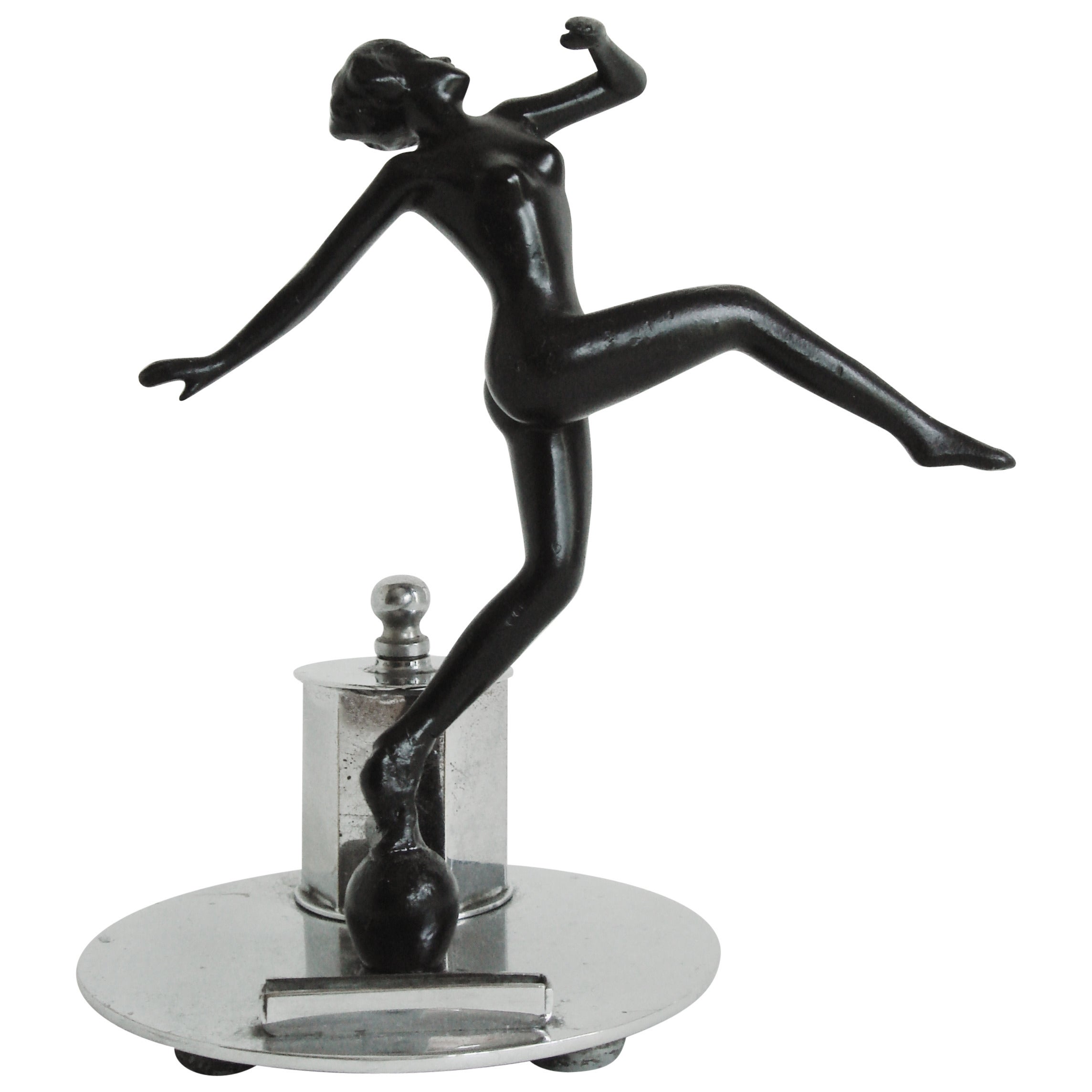 Art Deco Chrome and Black Enamel Figural Table Striker Lighter by Lorenzl
