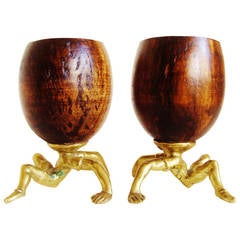 Rare Pair of Early Surreal, Figurative Coconut and Brass Cups by Arthur Court.