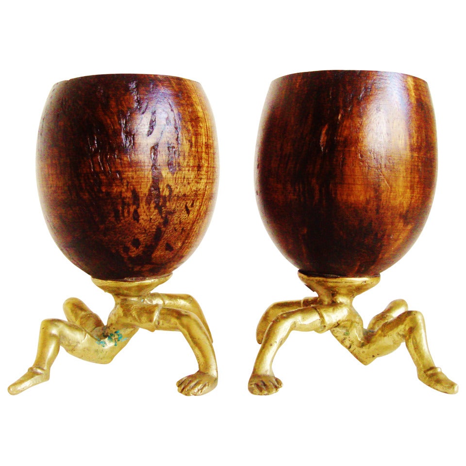 Rare Pair of Early Surreal, Figurative Coconut and Brass Cups by Arthur Court. For Sale