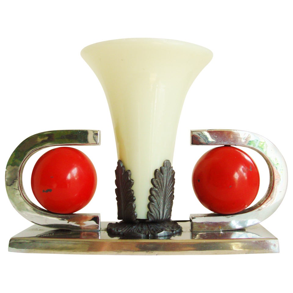 American Art Deco, Nickel Plate and Red Enamel Vaseline Glass Table Lamp For Sale