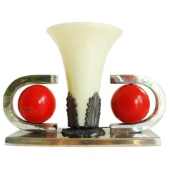 American Art Deco, Nickel Plate and Red Enamel Vaseline Glass Table Lamp