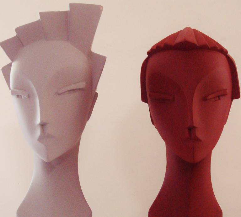 This stunning pair of Art Deco Revival long necked mannequin heads are by Lindsey Balkweill, a former sculpture student from St Martins School of Art, who in 1983 started the Lindsey B company in Fulham, London. For the next twelve years the company