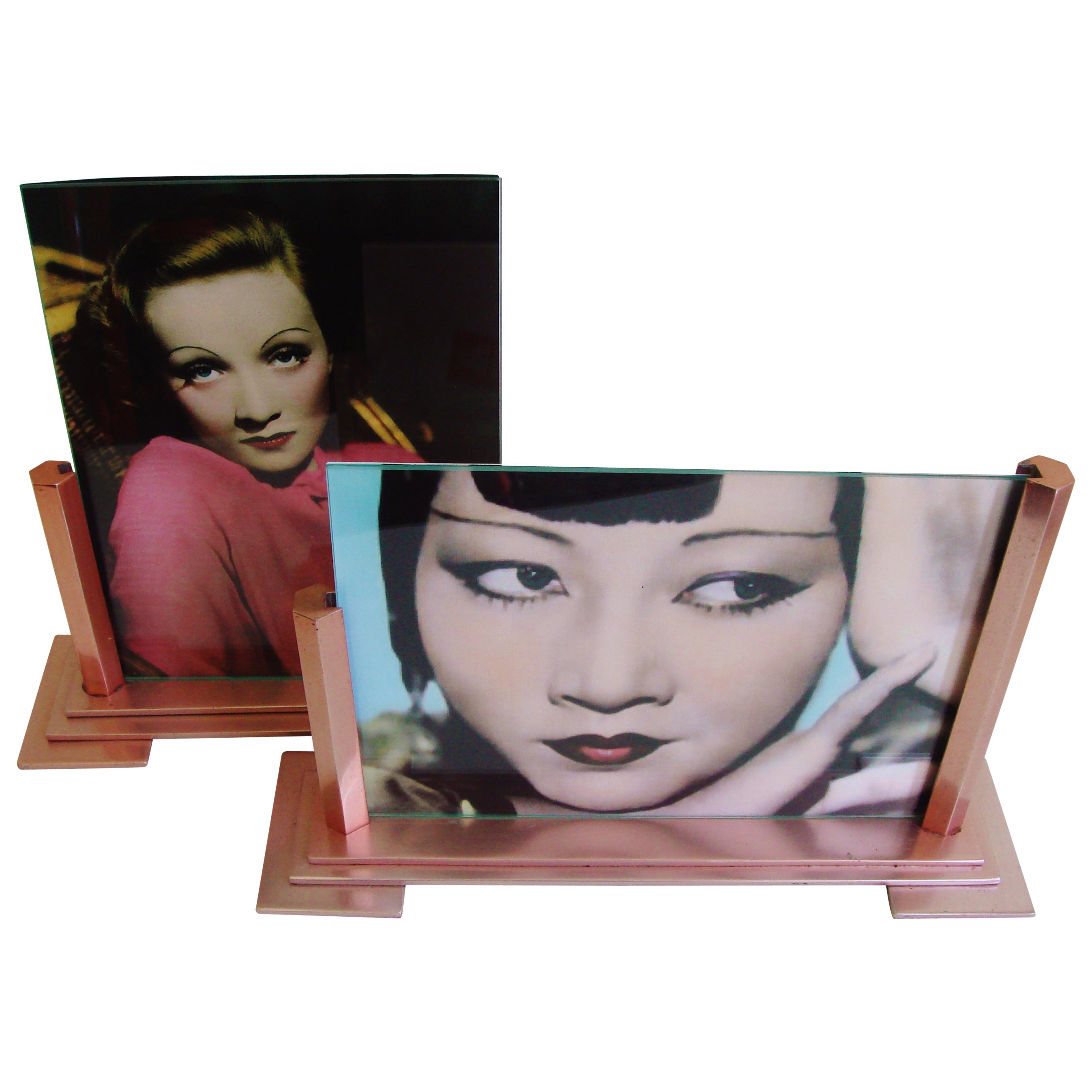 Pair of English Art Deco Rose Pink Anodized "Odeon" Photo Frames by Woodmet.
