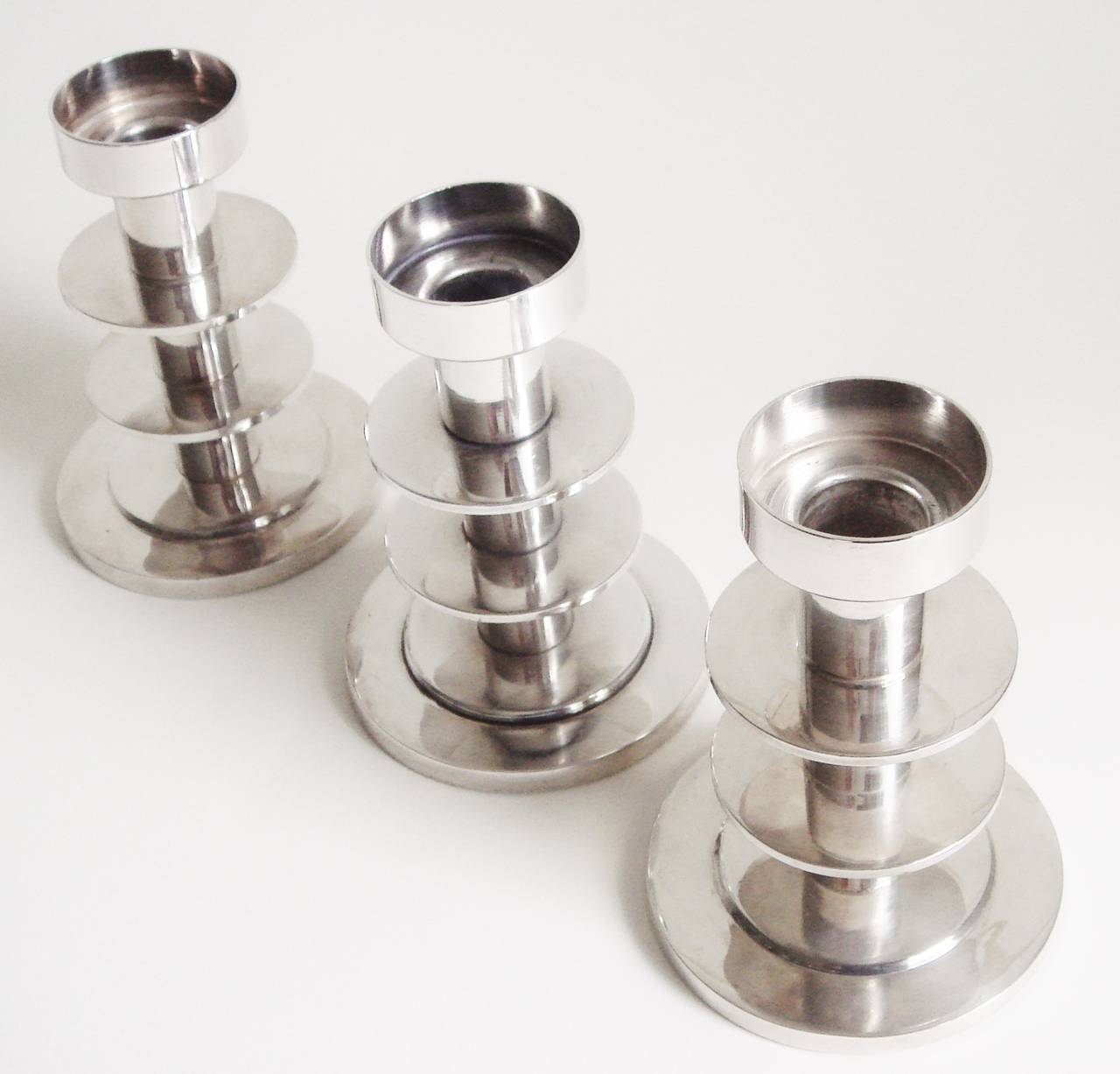 Set of Three English Art Deco Revival Candlesticks in "Denmark" Silver Plate