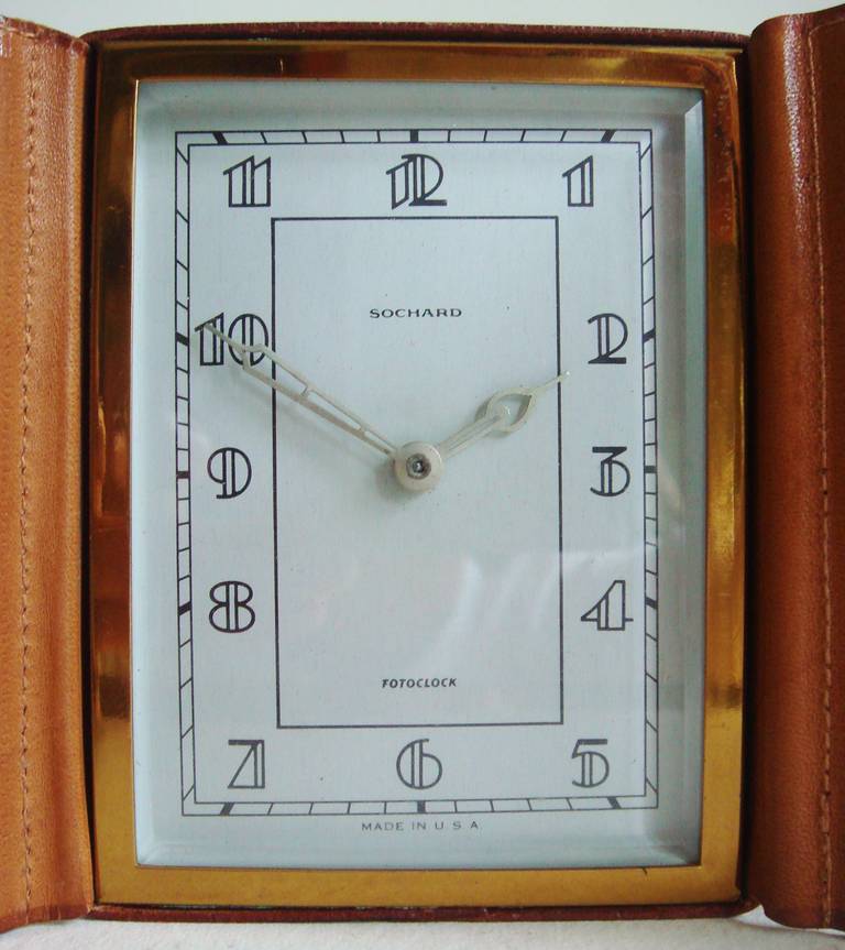 American Art Deco Leather Bound 'Fotoclock' clock by Sochard In Excellent Condition In Port Hope, ON
