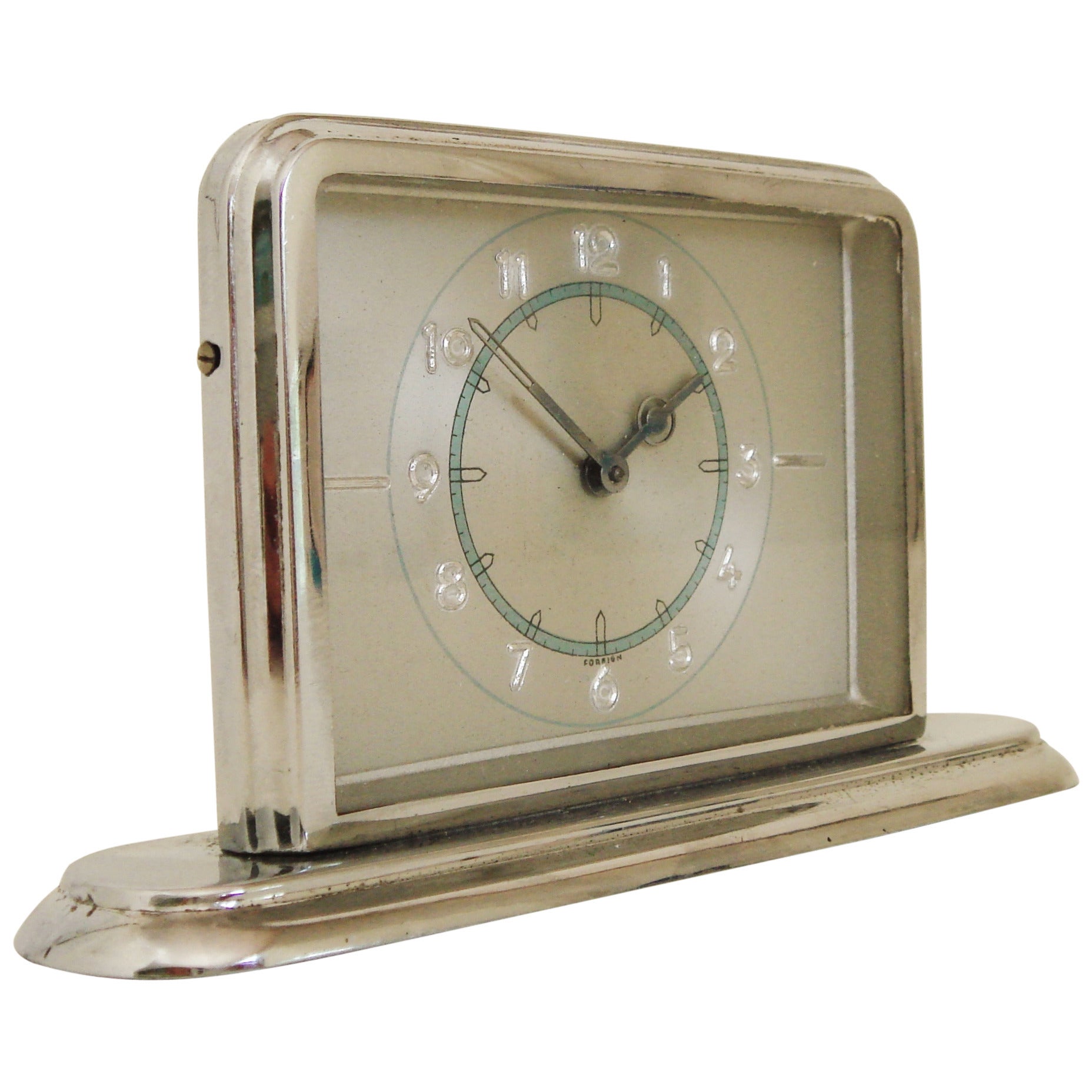 German Art Deco Small Chrome Desk Clock with Blue and Silver Accents