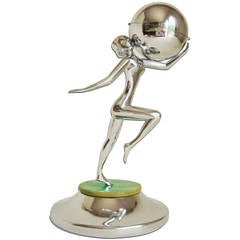 Vintage English Art Deco Chrome and Bakelite Figural Nude Wheel and Flint Table Lighter