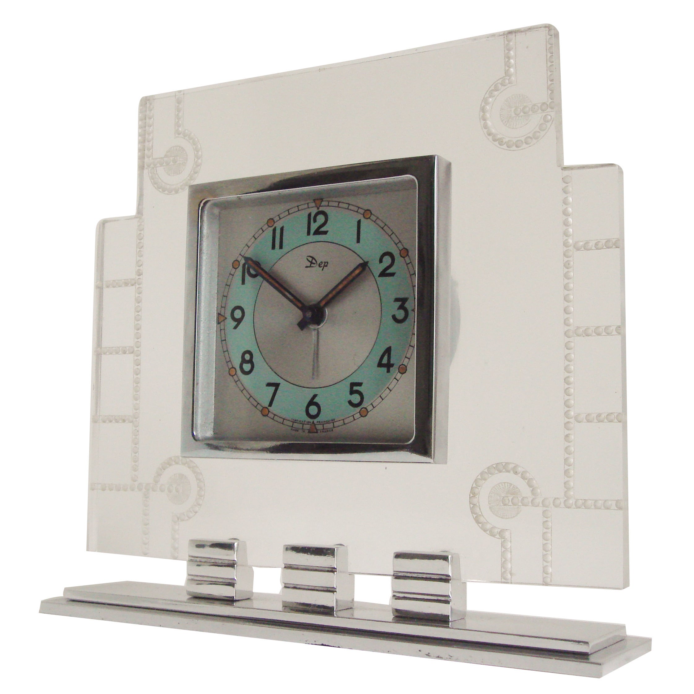 French Art Deco Chrome, Aluminium and Lucite Mechanical Alarm Clock by Dep