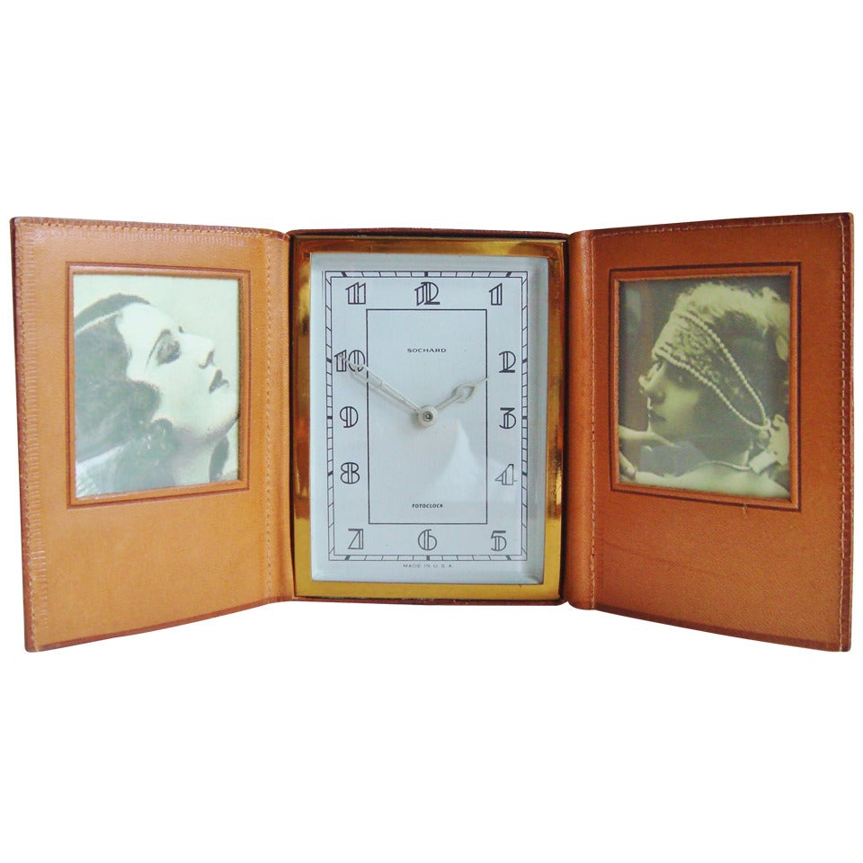American Art Deco Leather Bound 'Fotoclock' clock by Sochard