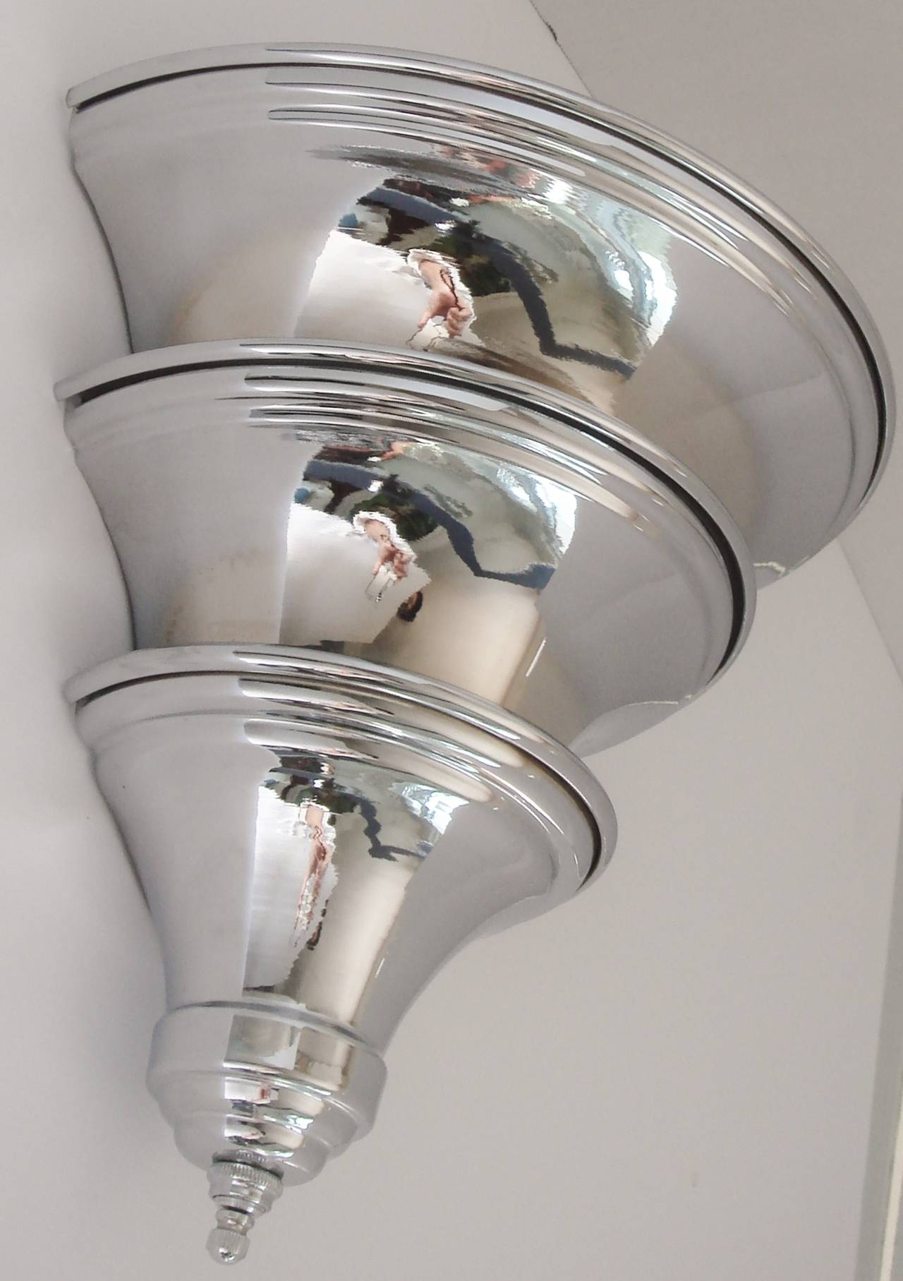 Set of 6 Restored American Art Deco/Machine Age Triple-Cone Chrome Wall Sconces.