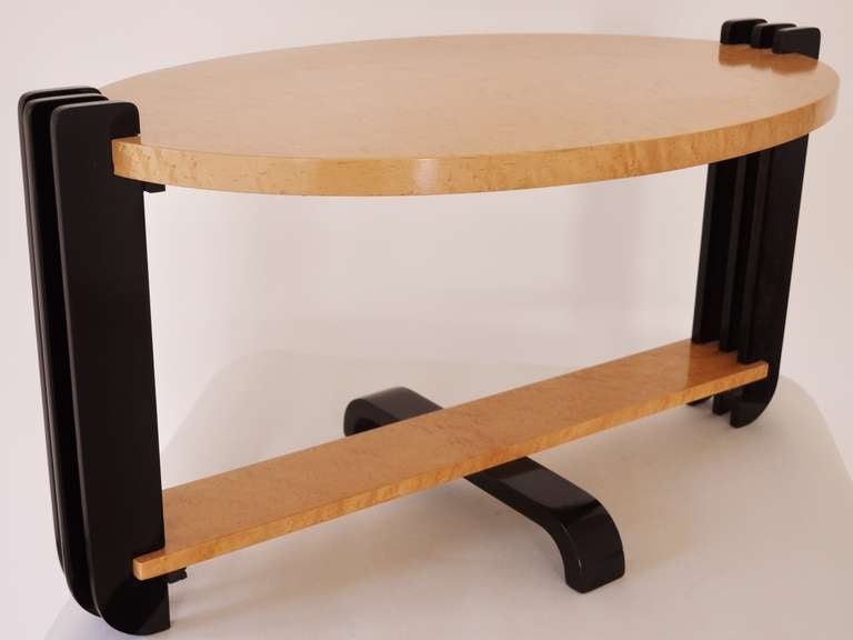 Restored Canadian Art Deco Oval Bird's Eye Maple Sofa Table.
