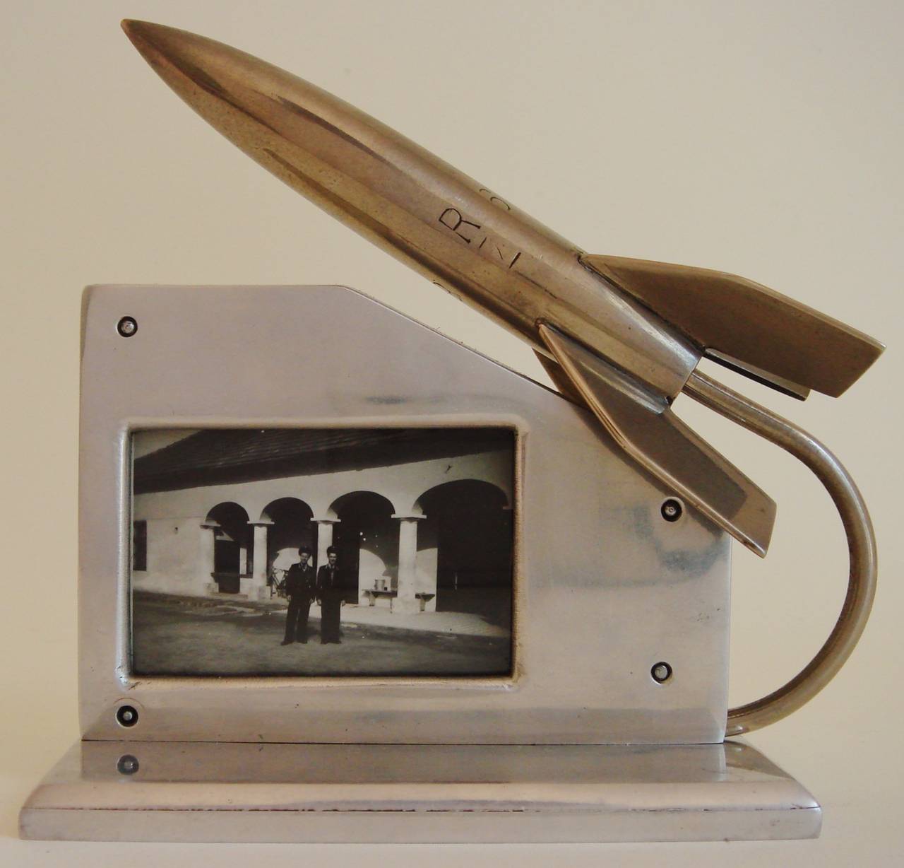 Polished American Jet-Age Outsider or Trench Art Aluminium Double-Sided Rocket Frame