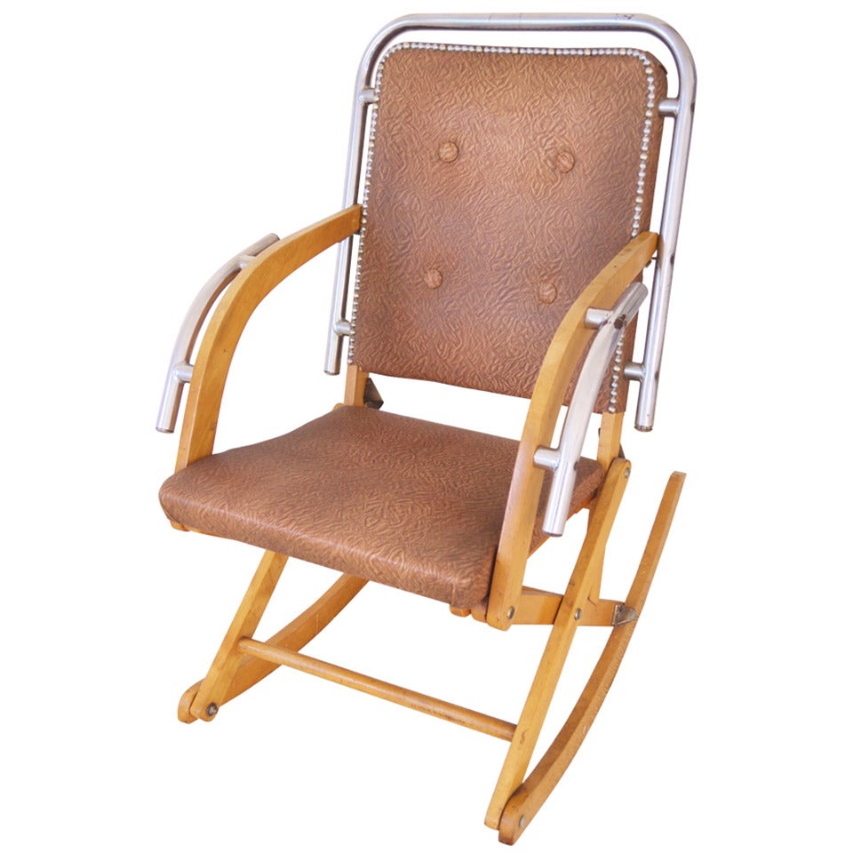 Canadian Mid-Century Modern Folding Rocking Chair in Blonde Wood and Chrome.
