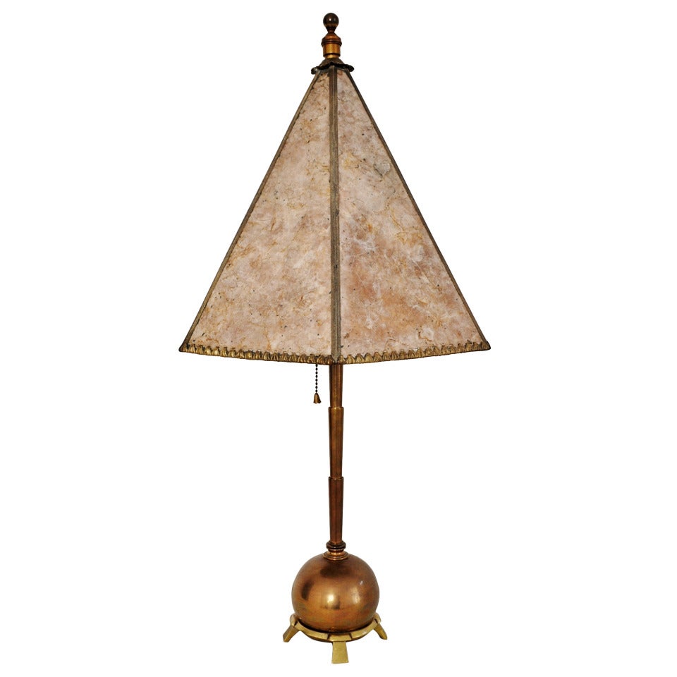 American Art Deco Brass Table Lamp with Mica Shade For Sale