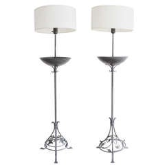 American Art Deco Pair of Wrought Iron Floor Lamps with Integral Jardinieres