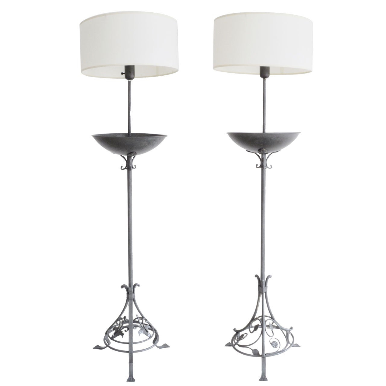 American Art Deco Pair of Wrought Iron Floor Lamps with Integral Jardinieres For Sale