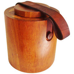 Vintage Large Danish Teak Drum Ice Bucket with Leather Carrying Strap by Nissen.