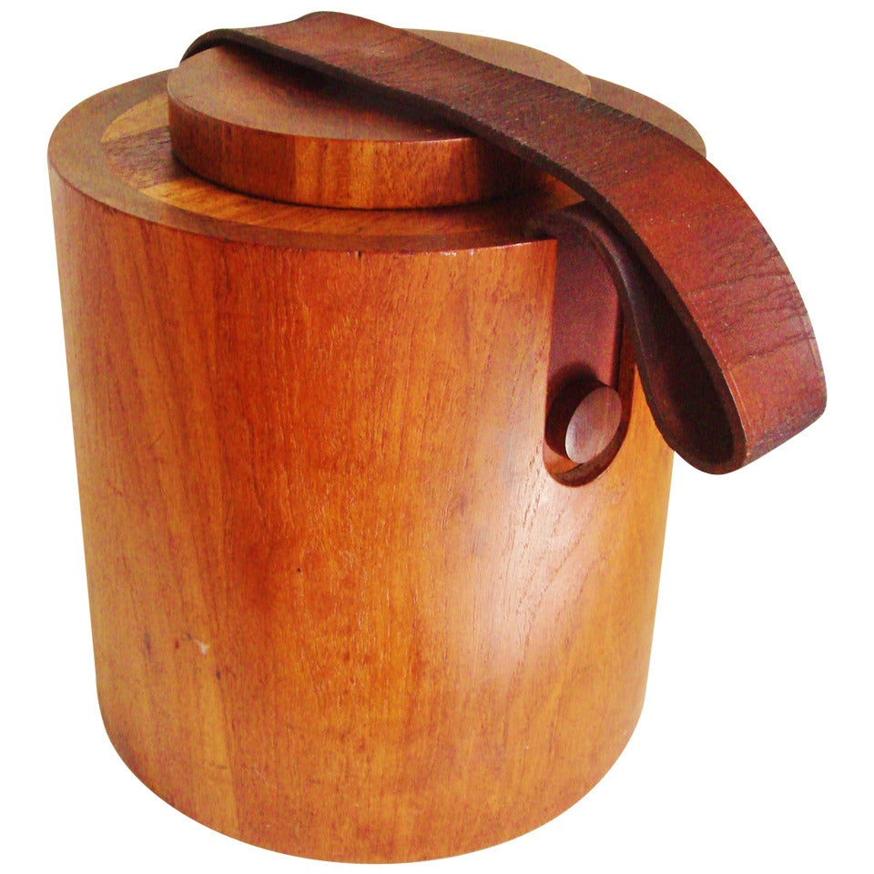 Large Danish Teak Drum Ice Bucket with Leather Carrying Strap by Nissen. For Sale