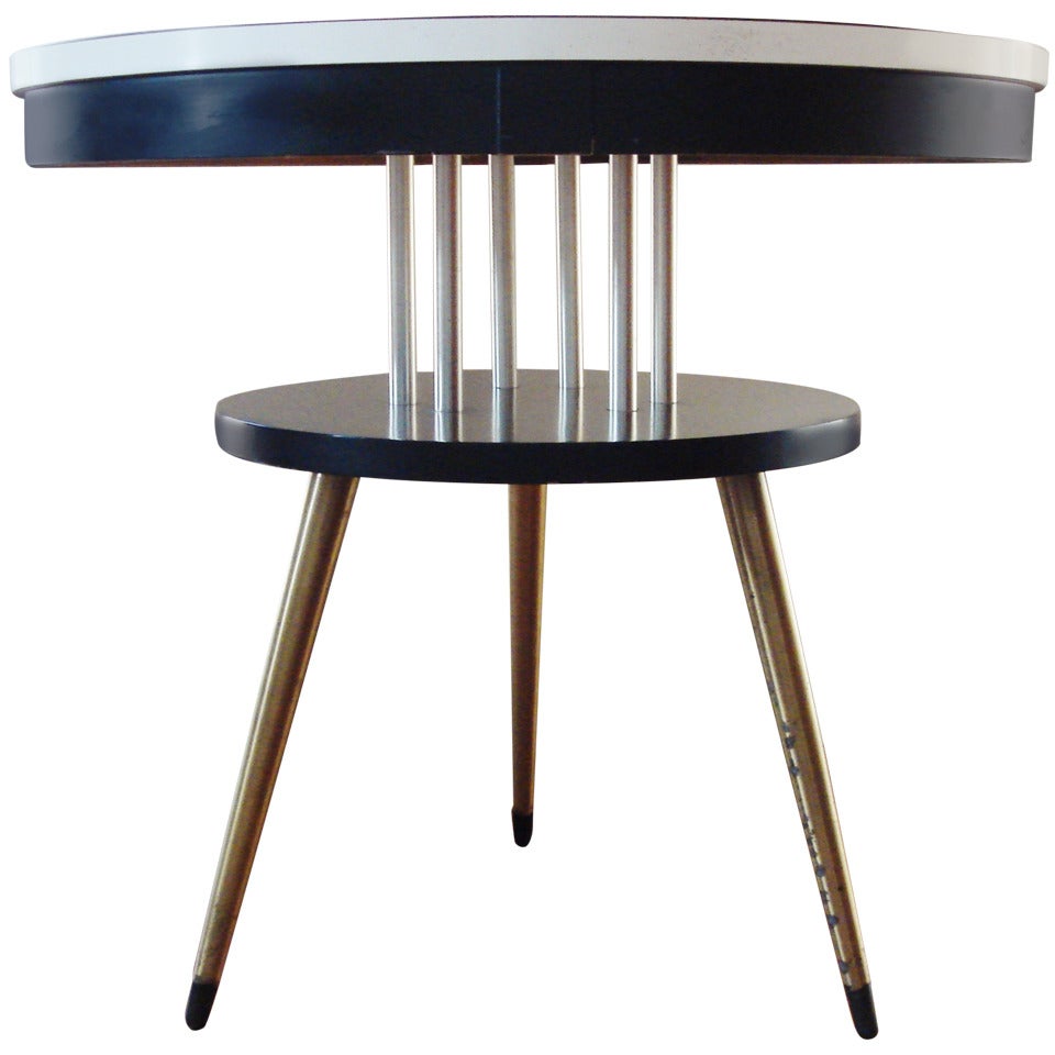 American Mid-Century Modern Arborite, Wood and Brass, Two-Tier Side Table For Sale