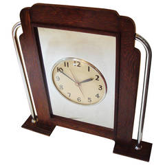 English Art Deco Oak and Chrome Odeon Style Fire Screen and Clock Combination