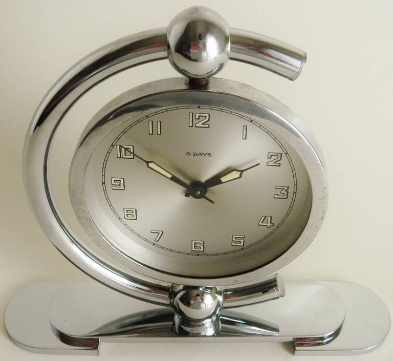 German Art Deco Chrome-Plated, 8 Day Mechanical, Swiveling Shelf Clock In Good Condition In Port Hope, ON