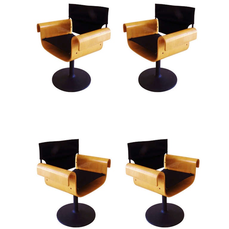 Canadian MidCentury Set of Four Bent Plywood Swivel Chairs by