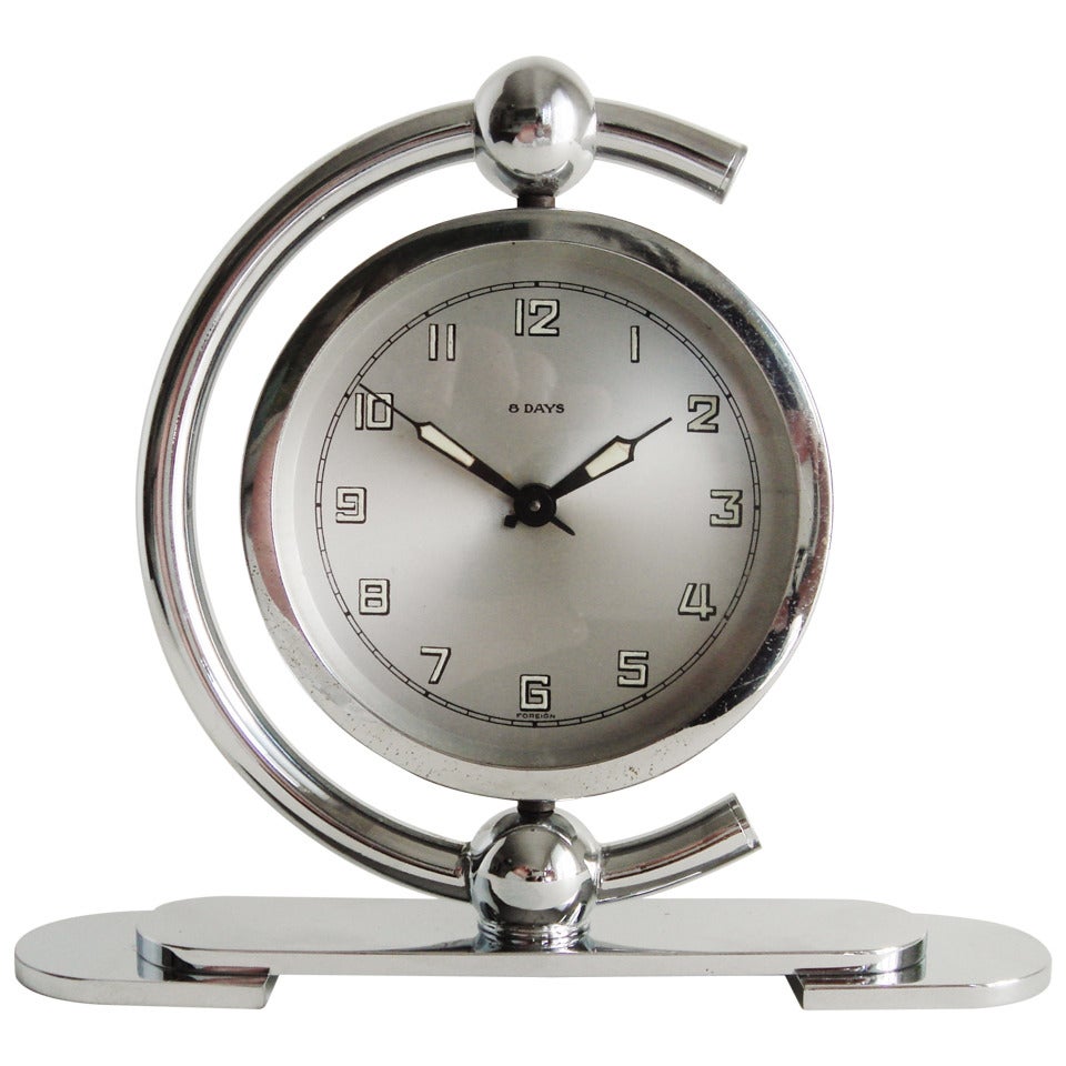 German Art Deco Chrome-Plated, 8 Day Mechanical, Swiveling Shelf Clock