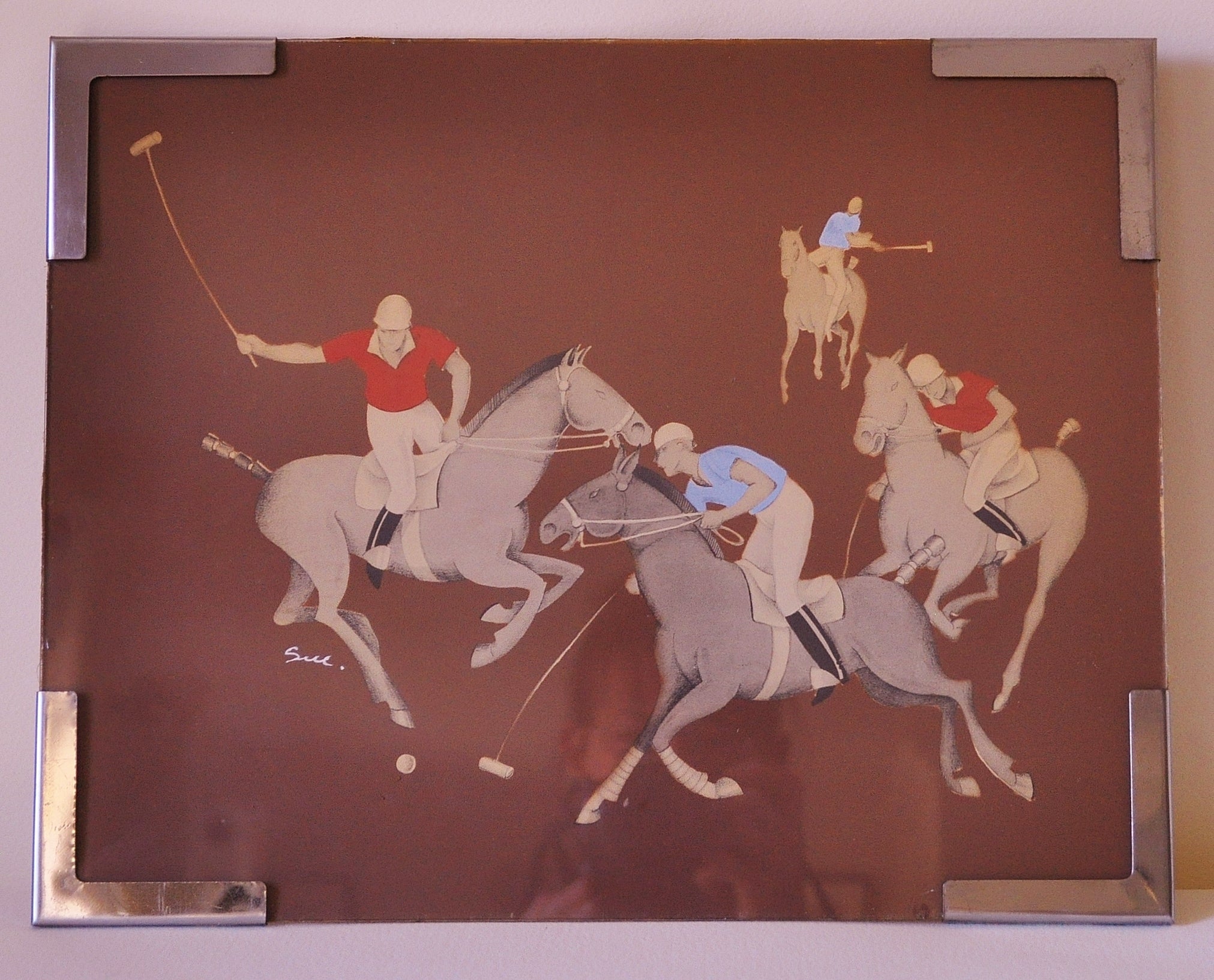 American Art Deco Newman Decor Polo Match Airbrush Painting by Sue in NRA Frame. For Sale