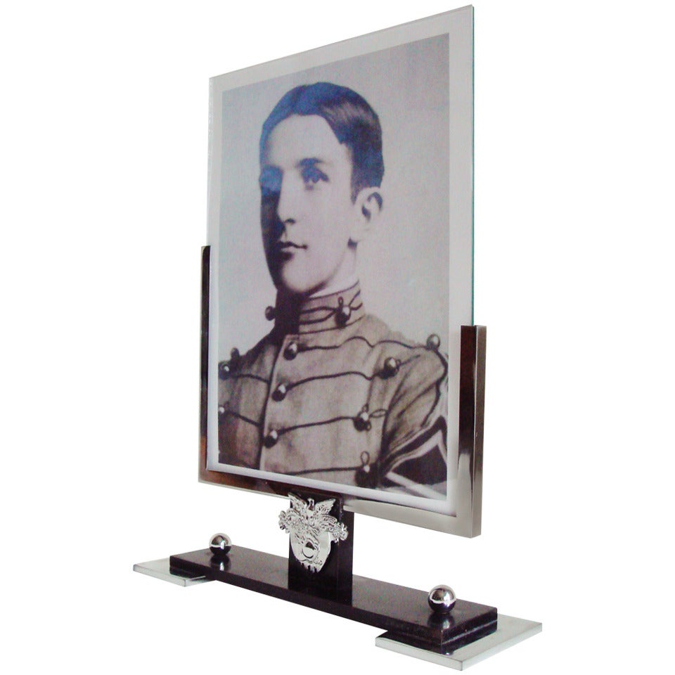 Rare American Art Deco Chrome and Bronze West Point Asymmetrical Photo Frame For Sale