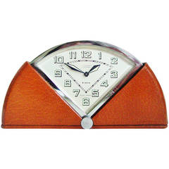 Rare Swiss Art Deco Fan-Shaped Auto Wind Eight-Day Mechanical Travel Clock.