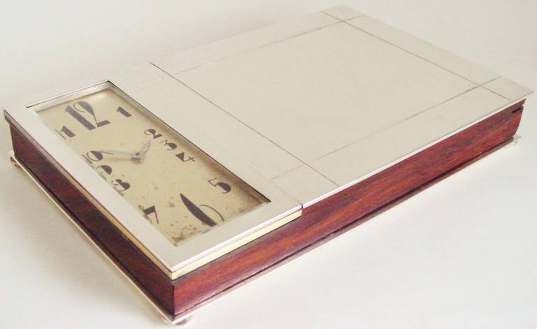 French Art Deco Silver-Plated Gentleman's Clock and Trinket Box Combination
