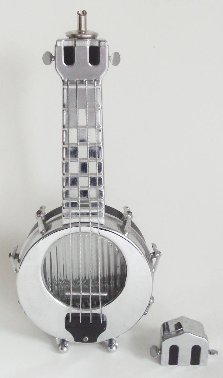 Mid-20th Century Japanese Export Mid-Century Modern Chrome Banjo Figural Decanter and Music Box For Sale