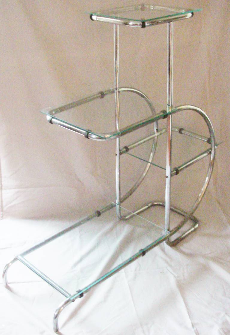 German Art Deco Bauhaus Chrome and Glass Free-Standing, Four-Tier Display Shelf 2