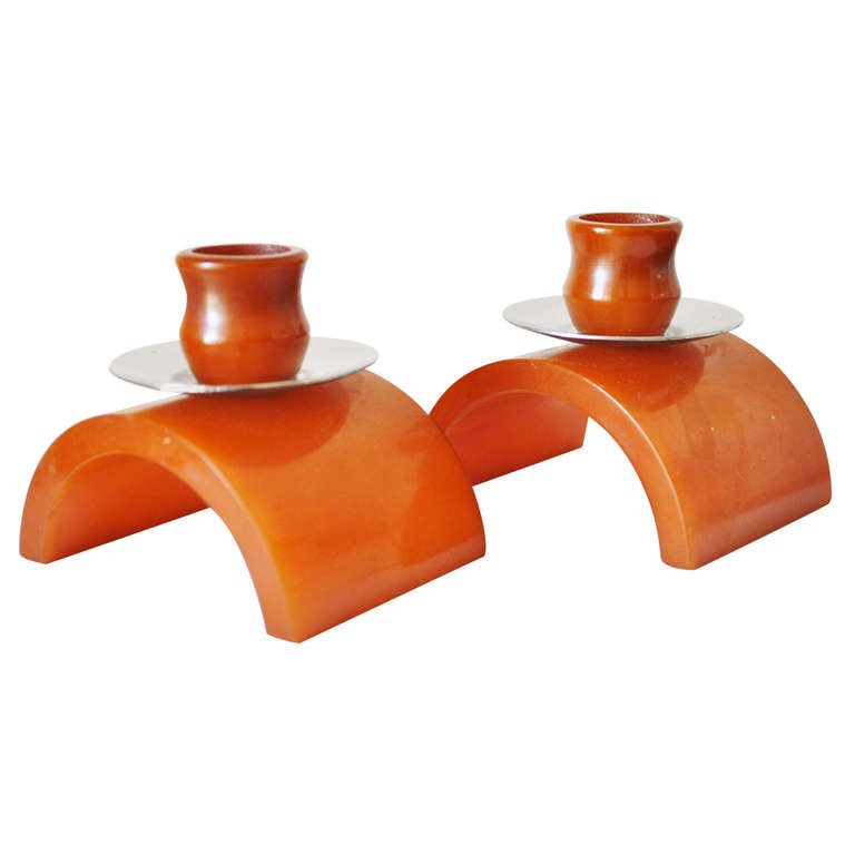 Pair of English Art Deco Bakelite and Chrome Geometric Candle Holders