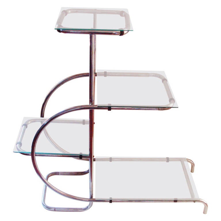 German Art Deco Bauhaus Chrome And Glass Free Standing Four Tier German Art Deco Bauhaus Chrome And Glass Free Standing Four Tier Display Shelf