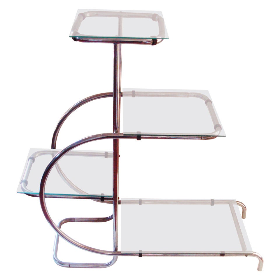 German Art Deco Bauhaus Chrome and Glass Free-Standing, Four-Tier Display Shelf