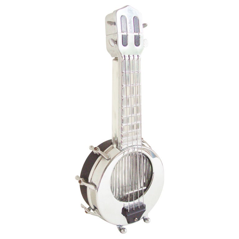 Japanese Export Mid-Century Modern Chrome Banjo Figural Decanter and Music Box For Sale