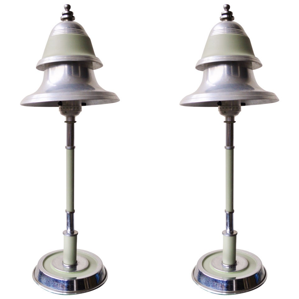 Pair of American Art Deco/ Machine Age Twin Shade Console Lamps