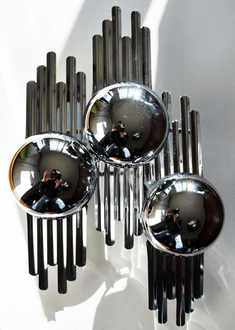 Italian 60's Three Light Wall Chrome Wall Light Art Fixture/Sconce. For