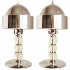 Pair of American Art Deco Brushed Chrome and Glass Boudoir Lamps